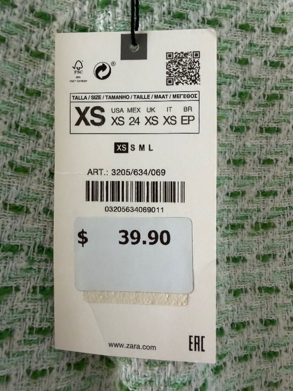 NWT Zara Green & White Tweed Pleated Mini Skirt - Size XS - Picture 7 of 10